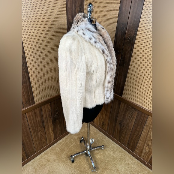 BEAUTIFUL CREAM COLORED MINK & SPOTTED BOBCAT CAT LYNX FUR COLLAR JACKET COAT S - Picture 3 of 11